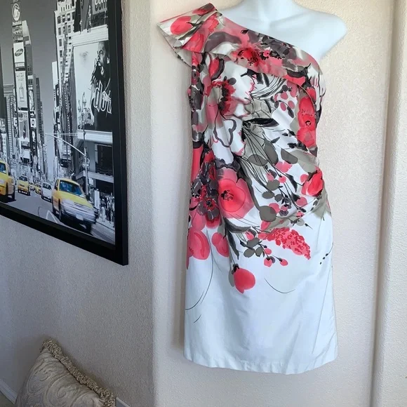 Eliza J | Dresses | Eliza J Summery Floral Shoulder White Dress Fuchsia  Flowers Side Zip 16 Euc | Poshmark
